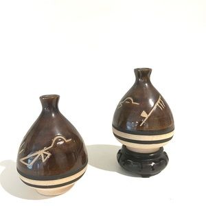 Set of Two Saguaro Stoneware Glazed Vessels Native Art Boho Vase 4” H x 3” D
